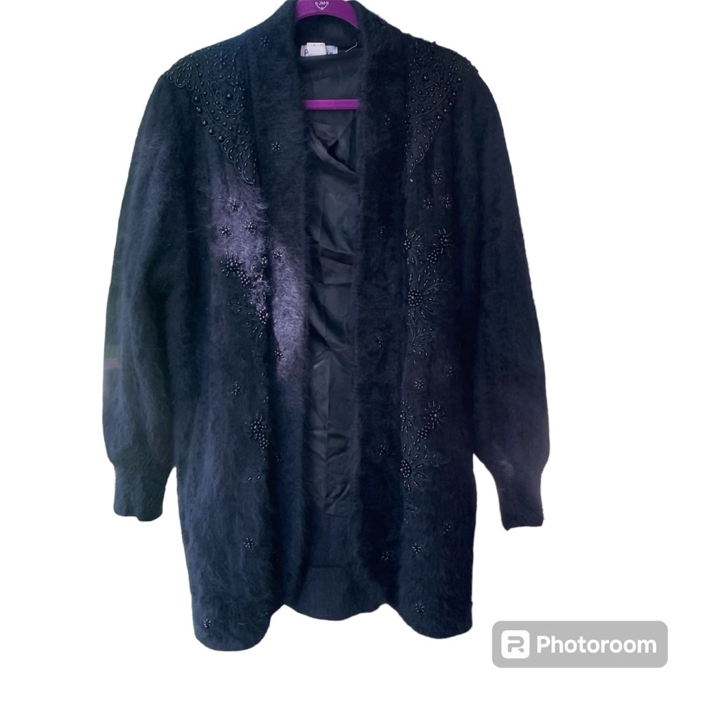 Phoenix Black Angora Rabbit Fur Open Coat Floral Embellishments